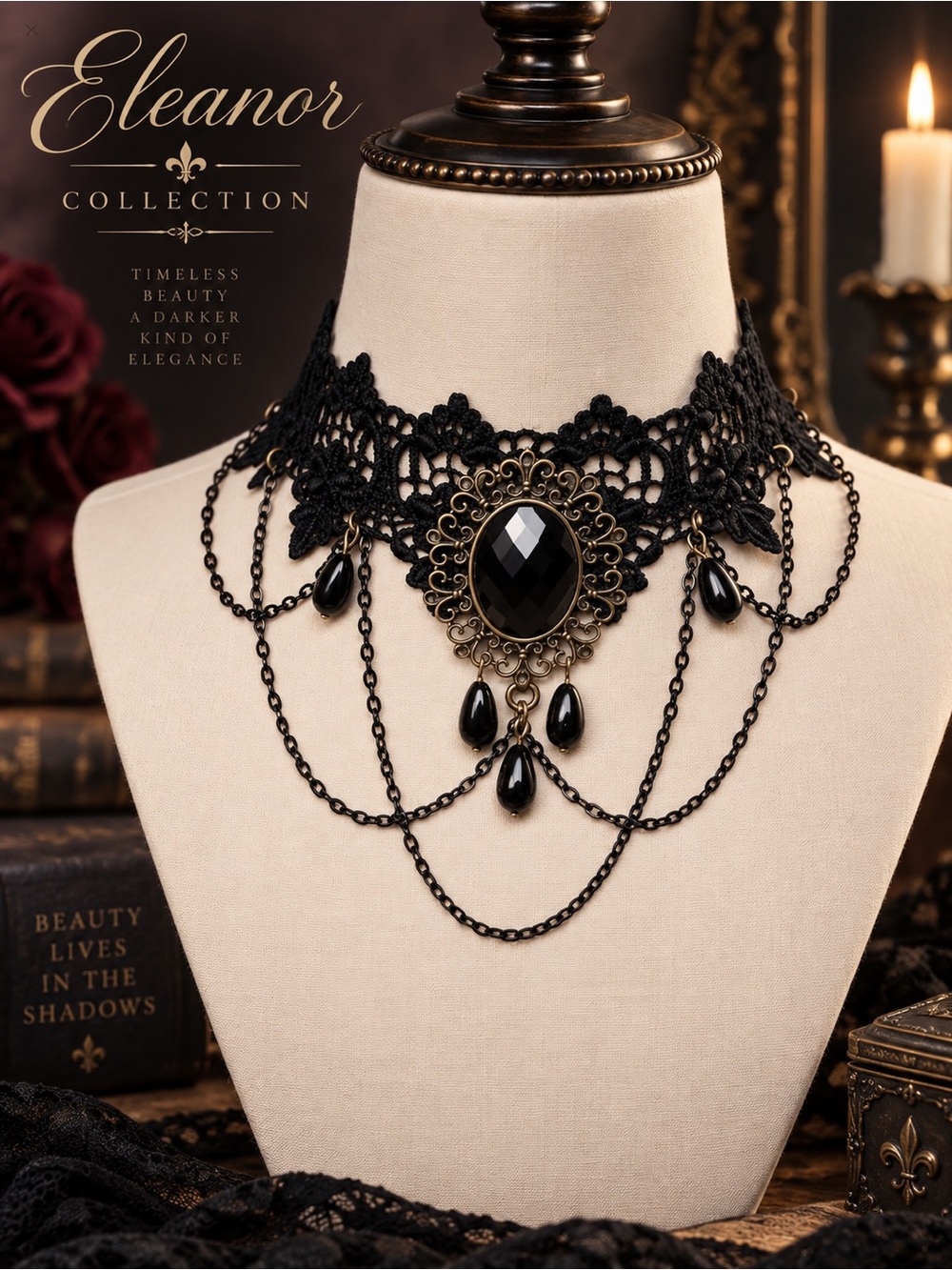 Eleanor ShuMark Victorian Gothic Black Lace Chain Choker NWT